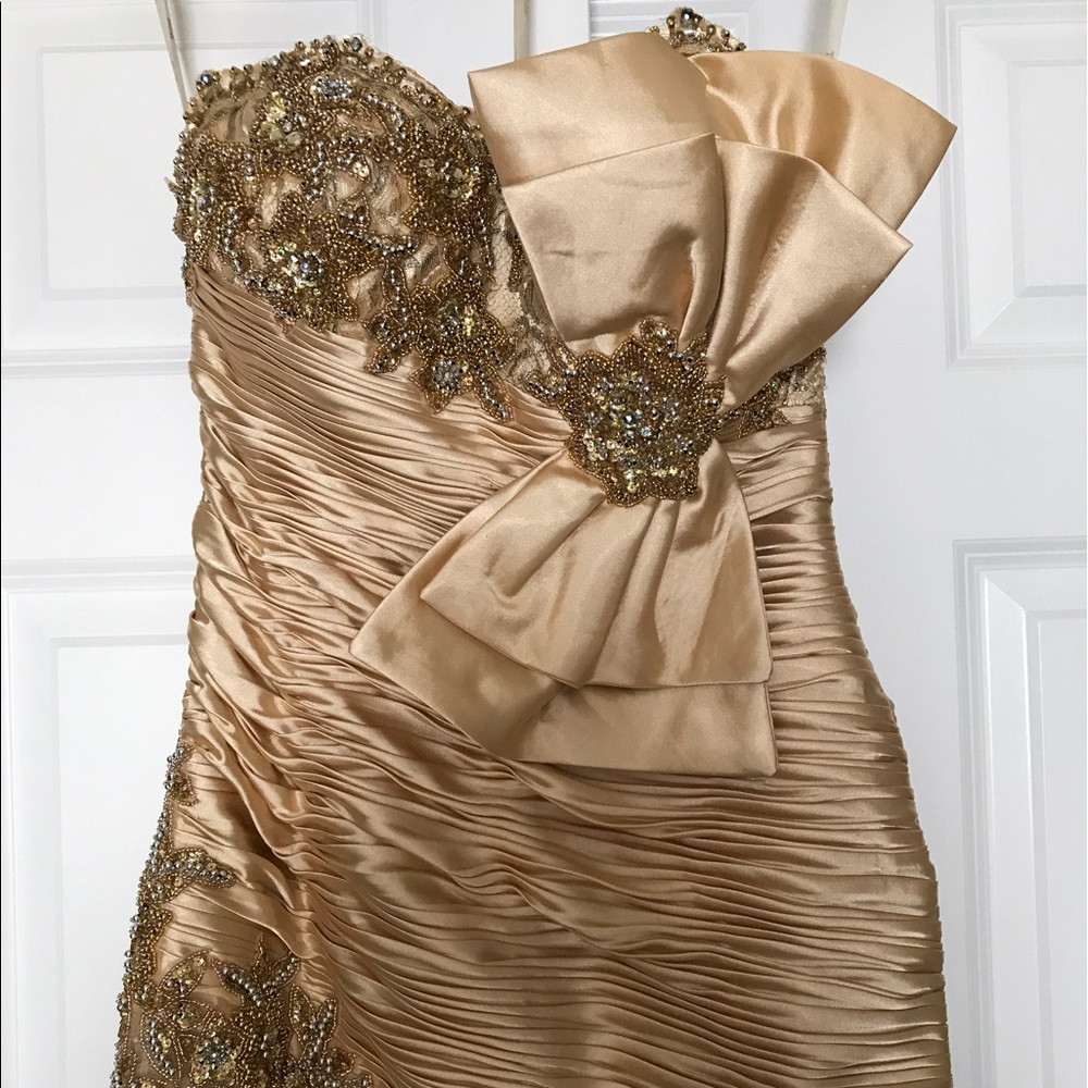 Terani Couture Strapless Gold Ruched Evening Dress with Beaded Applique